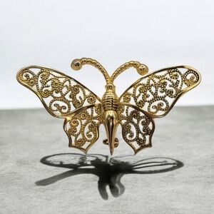 Vintage Gold Plated Simulated Filigree Butterfly Brooch Made In Spain 2.75"x1.5"